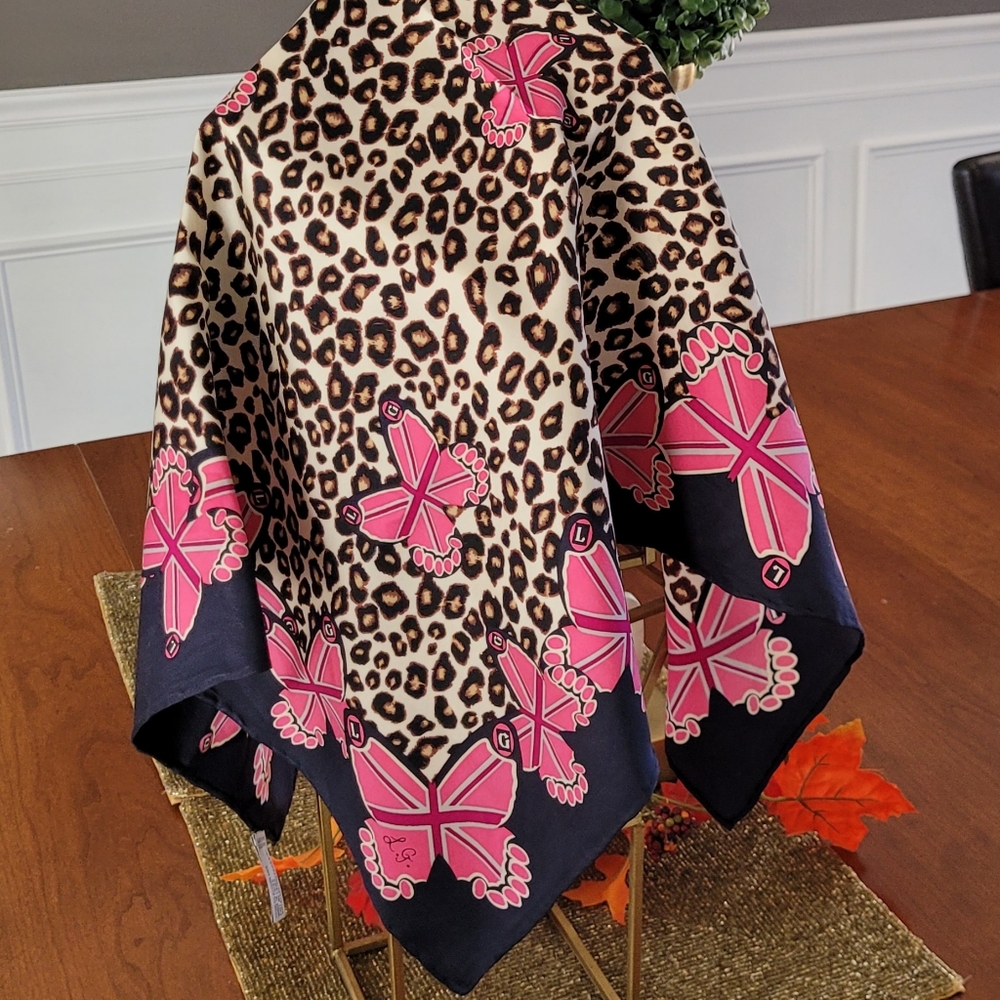 Lulu Guinness 100% Silk Scarf - Leopard & Pink Butterfly Print - 26"